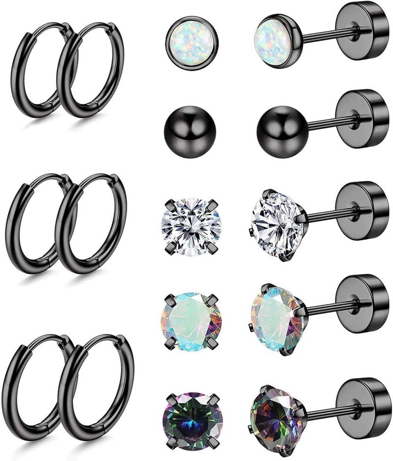 Jstyle Surgical Steel Earrings for Sensitive Ears Hypoallergenic 20G Stainless Steel Stud Hoop Earrings for Women Men Small Opal Ball CZ Surgical Steel Flat Back Earrings Cartilage Earrings Hoop Stud - Image 1